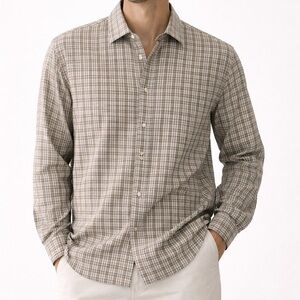 Vince Green Plaid Check Linen Blend Long Sleeve Classic Fit Button Down Small